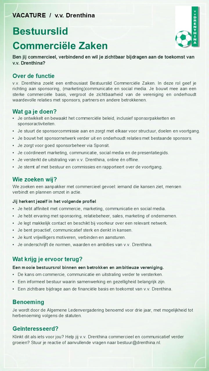 Gezocht: Bestuurslid Commerciële Zaken